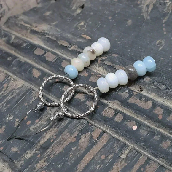 Amazonite Gemstone Rondelle Beads Textured Silver Ring Handcrafted Earrings - Picture 6 of 11